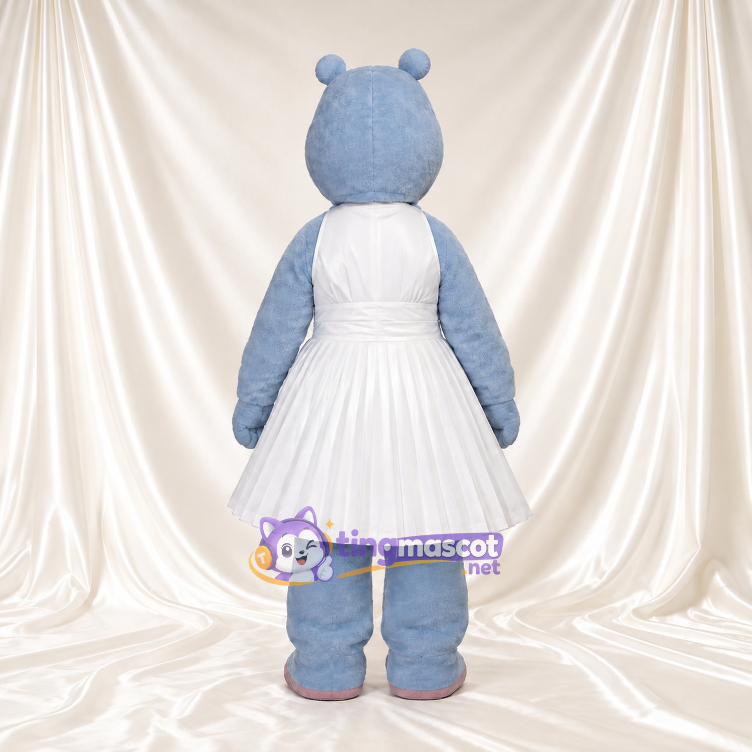 Blue Hippo Mascot Costume - White Pleated Dress Blue Hippo Mascot Costume - White Pleated Dress