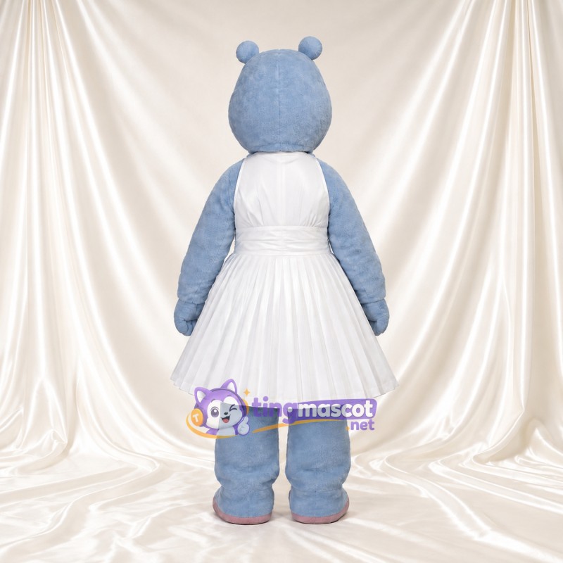 Blue Hippo Mascot Costume - White Pleated Dress Blue Hippo Mascot Costume - White Pleated Dress