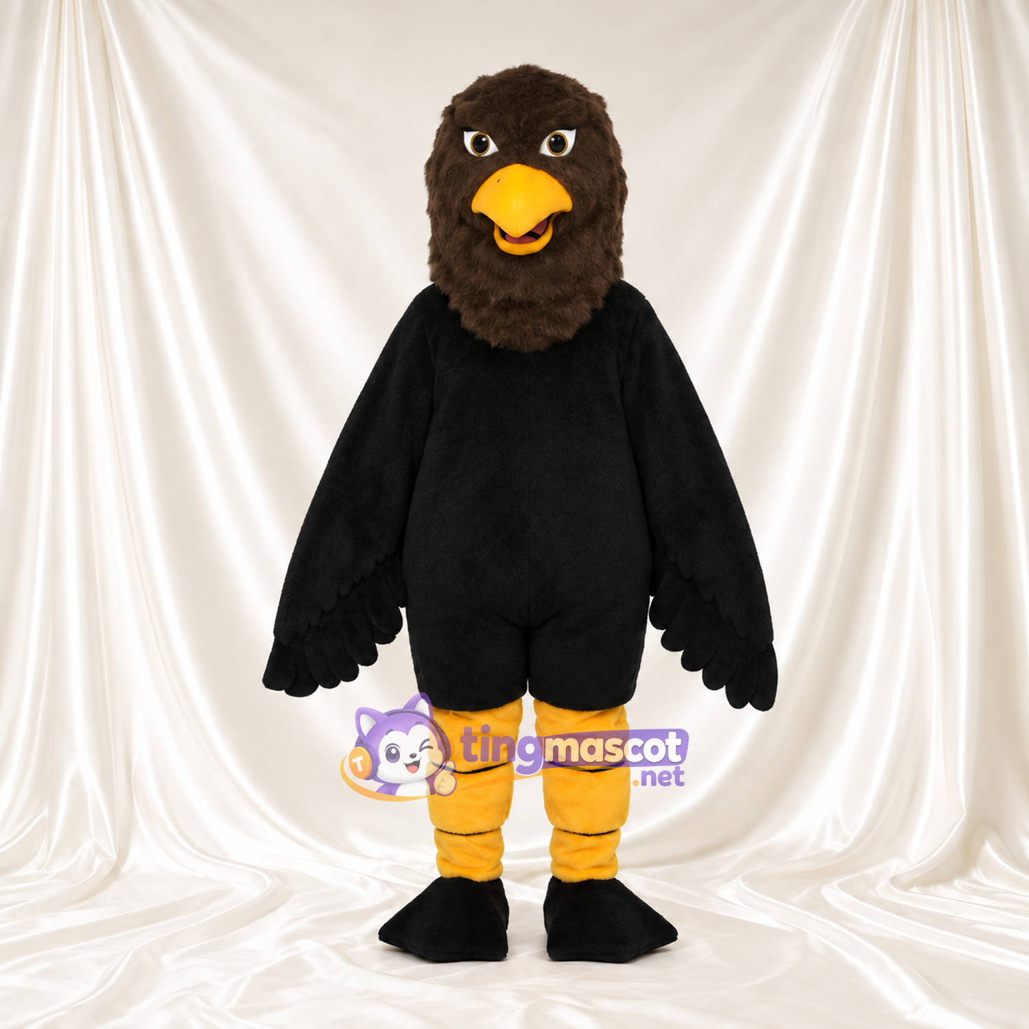 Costume de mascotte Aigle – noir – Tête (marron); Jambes (jaune) Costume de mascotte Aigle – noir – Tête (marron); Jambes (jaune)