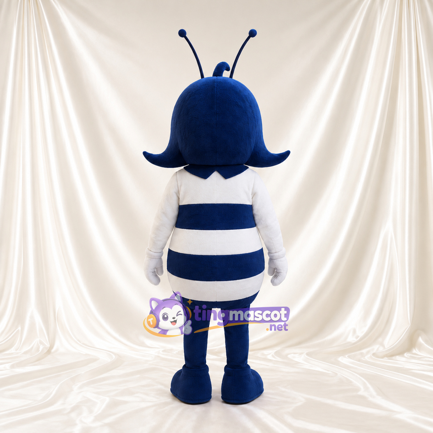 Costume de mascotte Abeille – bleu / blanc – Nœud papillon (rouge); Cheveux (enroulé)