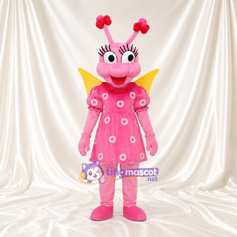 Pink Butterfly Mascot Costume - Polka-Dot Dress and Yellow Wings Pink Butterfly Mascot Costume - Polka-Dot Dress and Yellow Wings