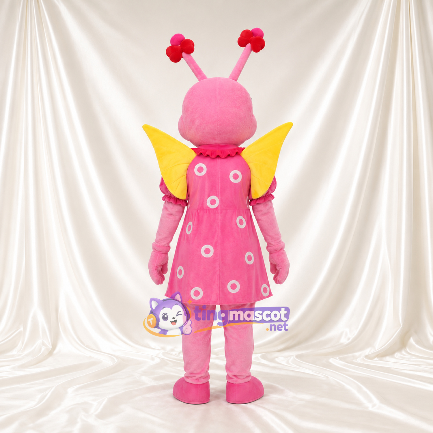 Pink Butterfly Mascot Costume - Polka-Dot Dress and Yellow Wings Pink Butterfly Mascot Costume - Polka-Dot Dress and Yellow Wings