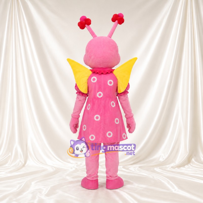 Pink Butterfly Mascot Costume - Polka-Dot Dress and Yellow Wings Pink Butterfly Mascot Costume - Polka-Dot Dress and Yellow Wings
