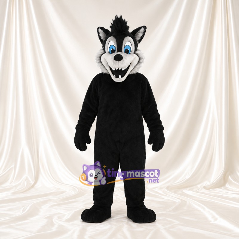 Costume de mascotte Loup – noir – Joues (gris); Sourire (large) Costume de mascotte Loup – noir – Joues (gris); Sourire (large)