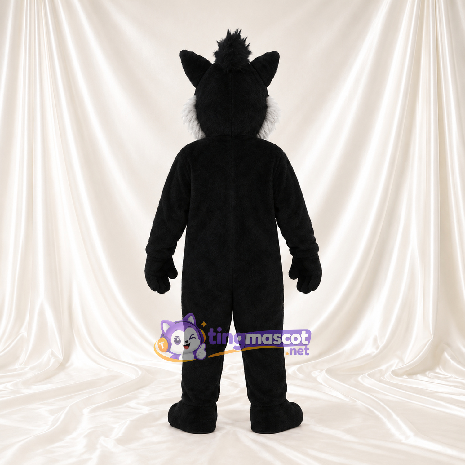 Costume de mascotte Loup – noir – Joues (gris); Sourire (large) Costume de mascotte Loup – noir – Joues (gris); Sourire (large)