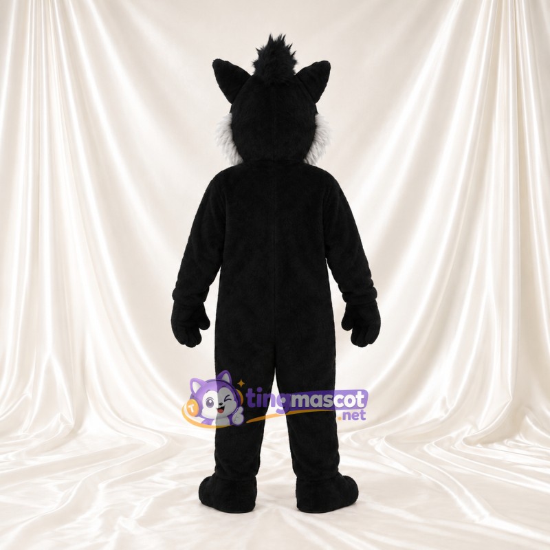 Costume de mascotte Loup – noir – Joues (gris); Sourire (large) Costume de mascotte Loup – noir – Joues (gris); Sourire (large)