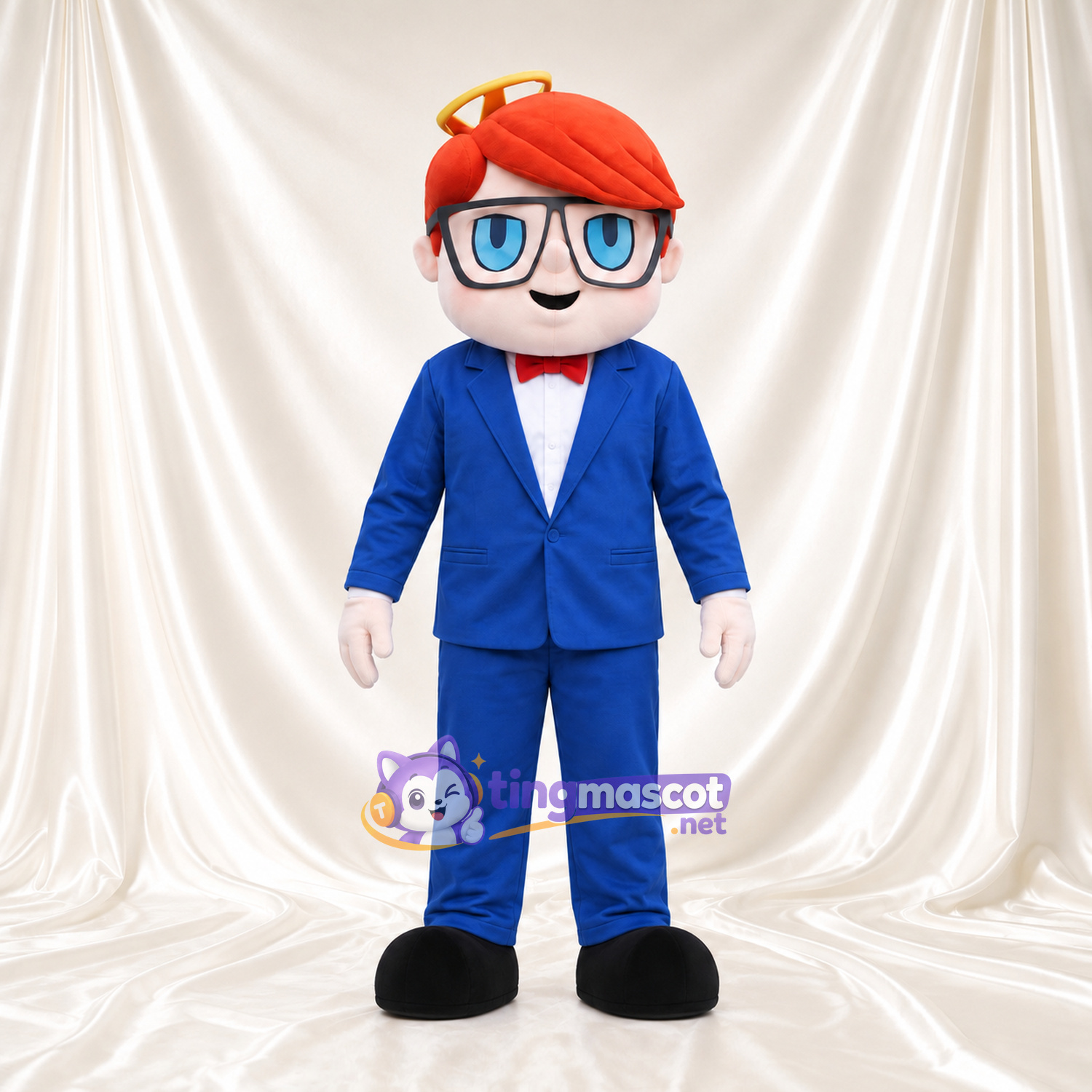Costume de mascotte Garçon – rouge – Costume (bleu); Lunettes (grand) Costume de mascotte Garçon – rouge – Costume (bleu); Lunettes (grand)