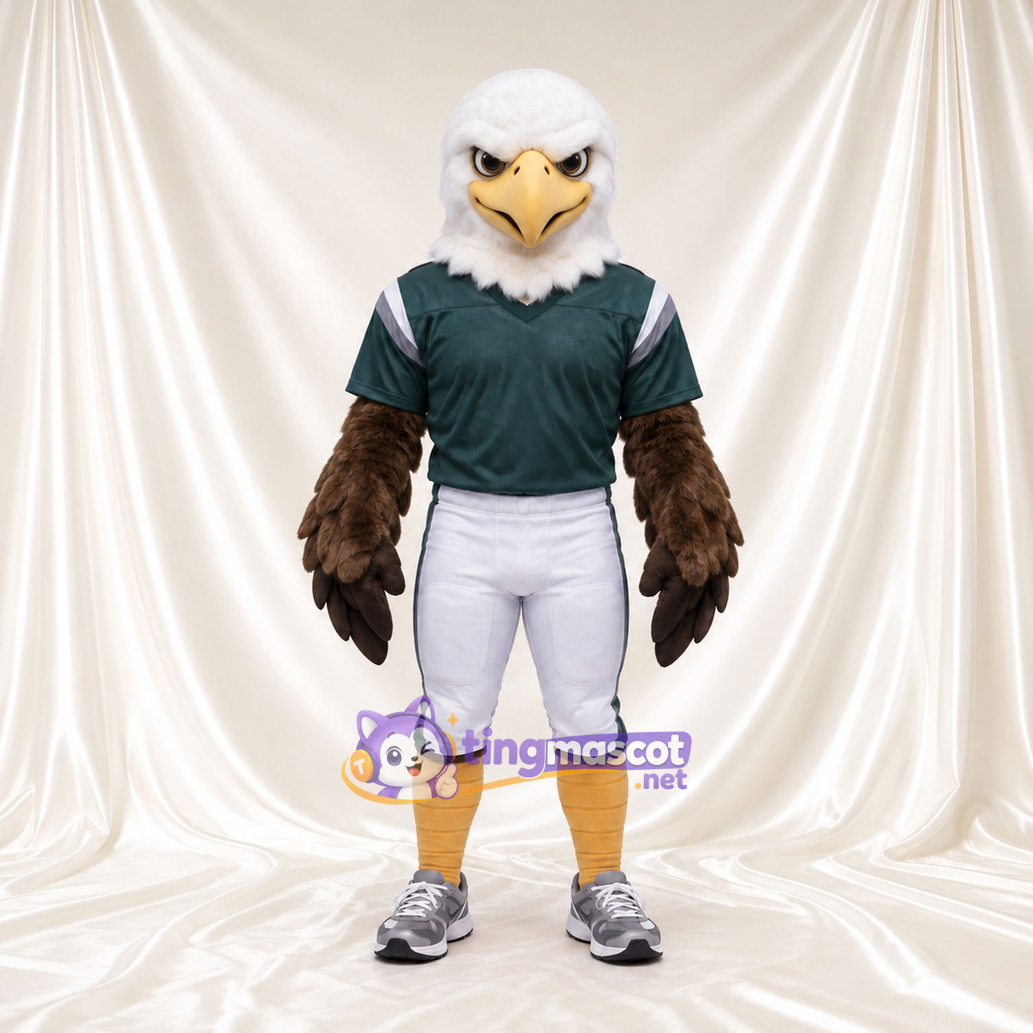 Bald Eagle Mascot Costume - Green Football Jersey and White Pants Bald Eagle Mascot Costume - Green Football Jersey and White Pants