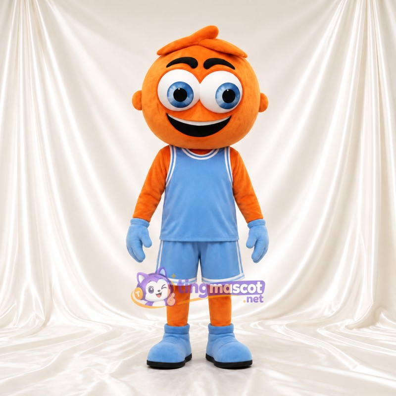Maskottchenkostüm Jungenfigur – orange – Basketballtrikot (blau) Maskottchenkostüm Jungenfigur – orange – Basketballtrikot (blau)