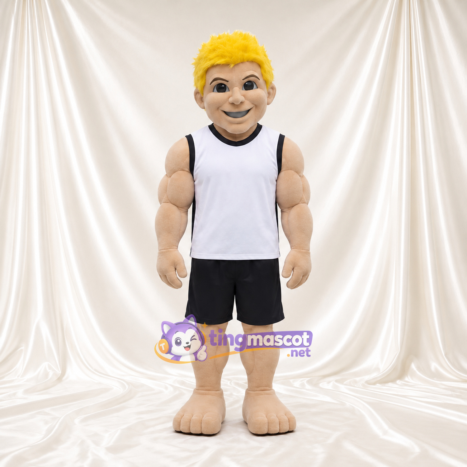 Blond Athlete Character Mascot Costume - White Sports Top and Black Shorts Blond Athlete Character Mascot Costume - White Sports Top and Black Shorts