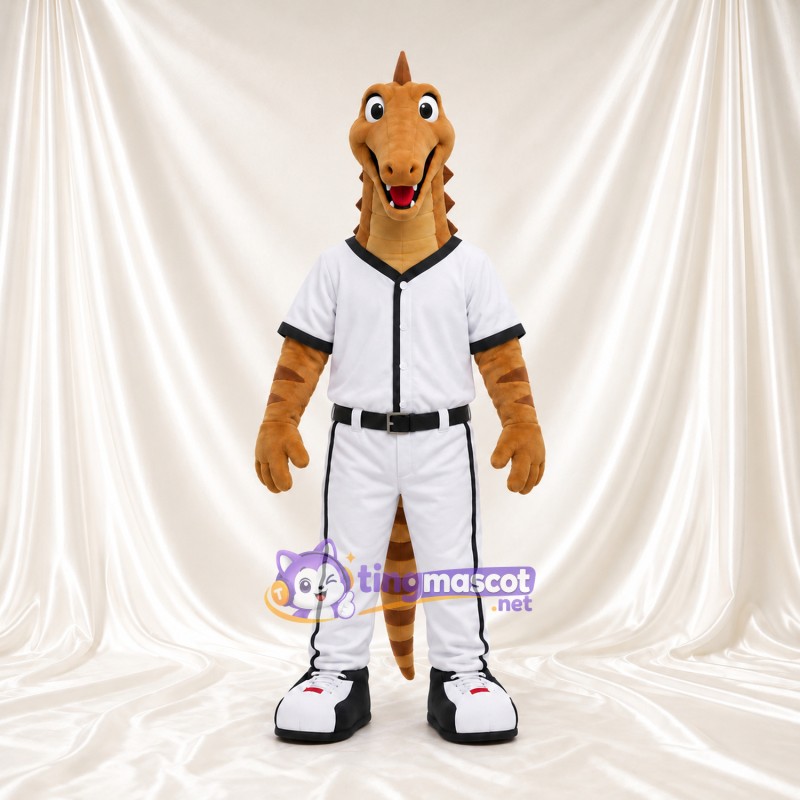 Costume de mascotte Dinosaure – brun clair – Uniforme (blanc); Ceinture (noir) Costume de mascotte Dinosaure – brun clair – Uniforme (blanc); Ceinture (noir)