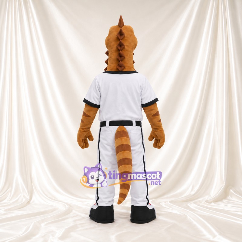 Costume de mascotte Dinosaure – brun clair – Uniforme (blanc); Ceinture (noir) Costume de mascotte Dinosaure – brun clair – Uniforme (blanc); Ceinture (noir)