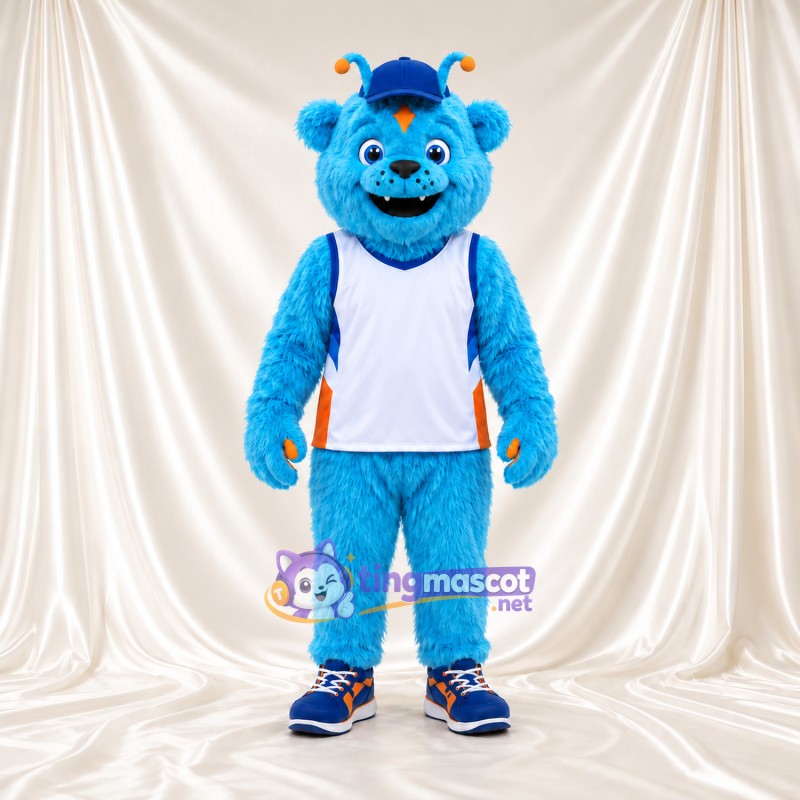 Costume de mascotte Monstre – bleu – Casquette (bleu); Haut (blanc, de sport) Costume de mascotte Monstre – bleu – Casquette (bleu); Haut (blanc, de sport)