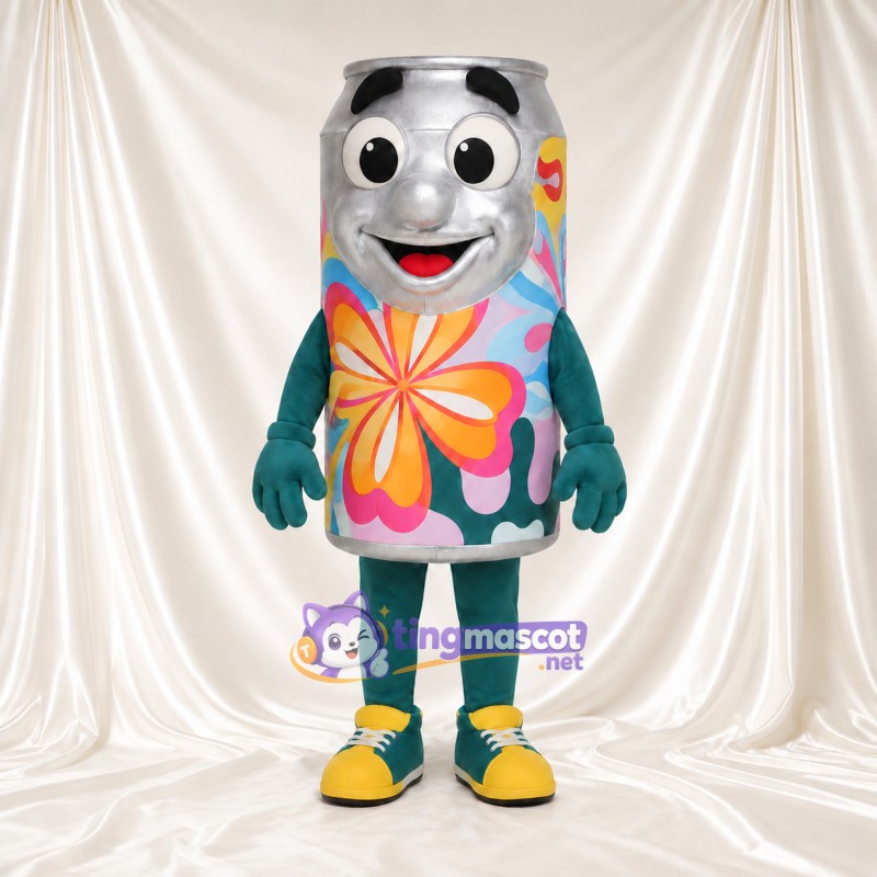 Costume de mascotte Canette de boisson – argenté – Motif floral (multicolore); Membres (vert) Costume de mascotte Canette de boisson – argenté – Motif floral (multicolore); Membres (vert)