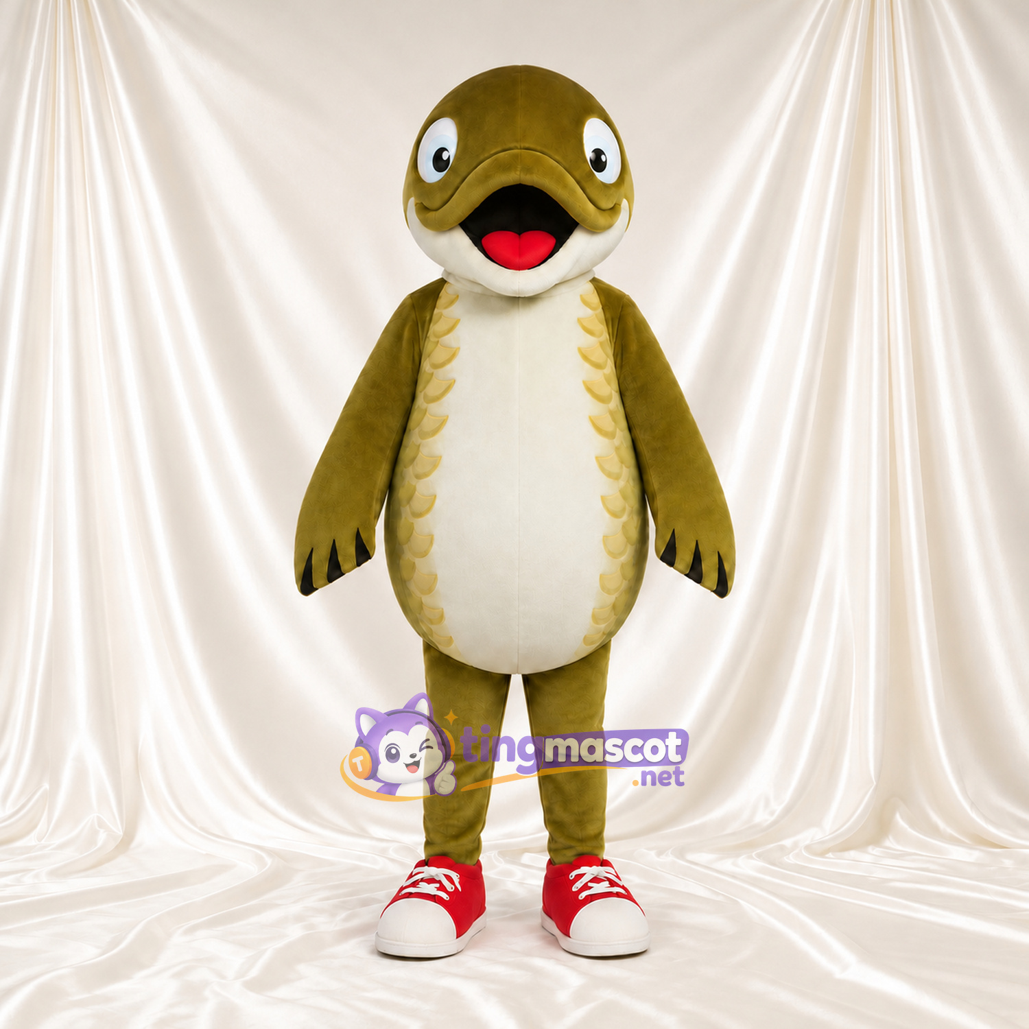 Costume de mascotte Canard – vert olive – Ventre (crème); Baskets (rouge) Costume de mascotte Canard – vert olive – Ventre (crème); Baskets (rouge)