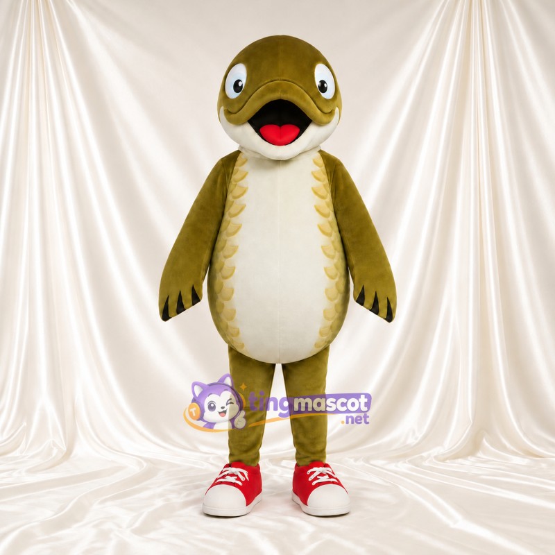 Costume de mascotte Canard – vert olive – Ventre (crème); Baskets (rouge) Costume de mascotte Canard – vert olive – Ventre (crème); Baskets (rouge)