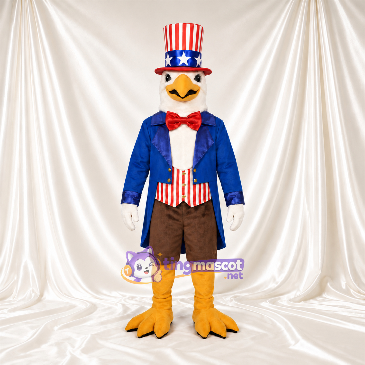 Bald Eagle Mascot Costume - Blue Coat and Patriotic Top Hat Bald Eagle Mascot Costume - Blue Coat and Patriotic Top Hat