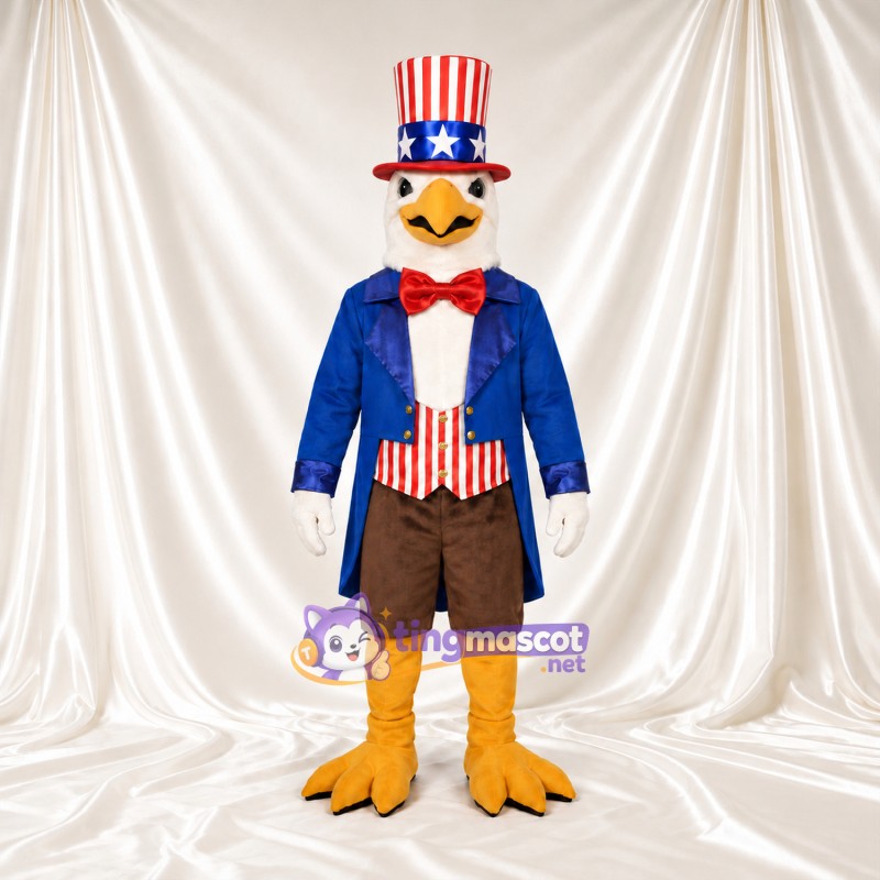 Bald Eagle Mascot Costume - Blue Coat and Patriotic Top Hat Bald Eagle Mascot Costume - Blue Coat and Patriotic Top Hat