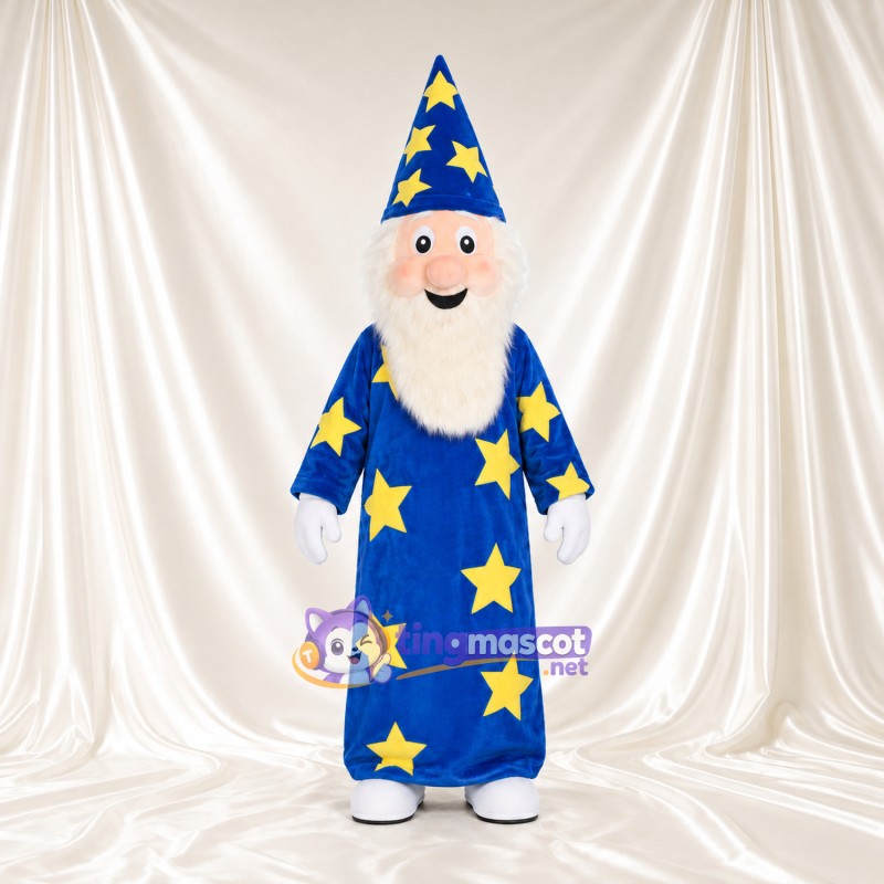 Wizard Mascot Costume - Bright Blue Robe and Large Yellow Stars Wizard Mascot Costume - Bright Blue Robe and Large Yellow Stars
