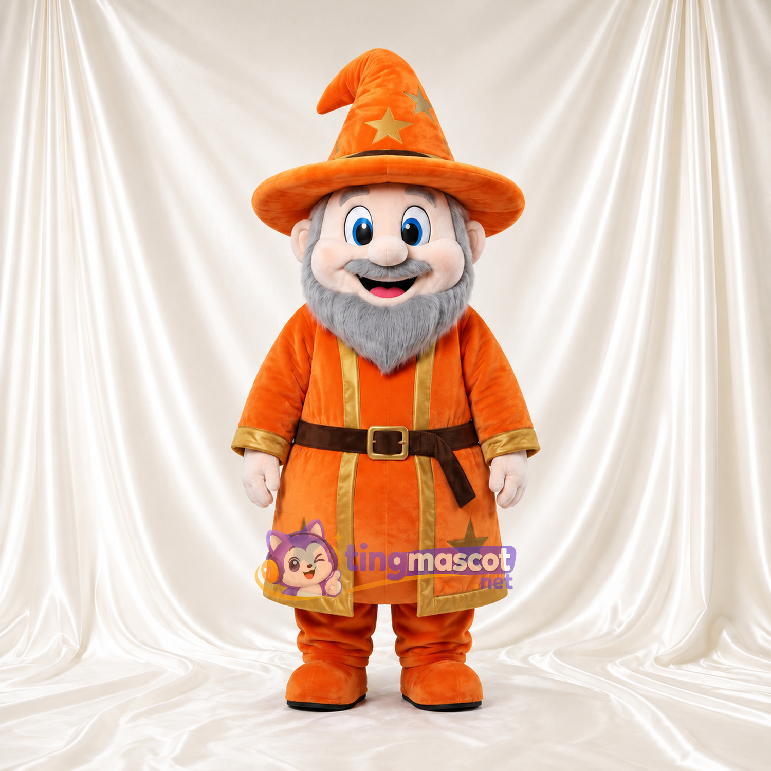 Costume de mascotte Magicien – selon la photo – Étoile (orange); Chapeau; Manteau (doré) Costume de mascotte Magicien – selon la photo – Étoile (orange); Chapeau; Manteau (doré)