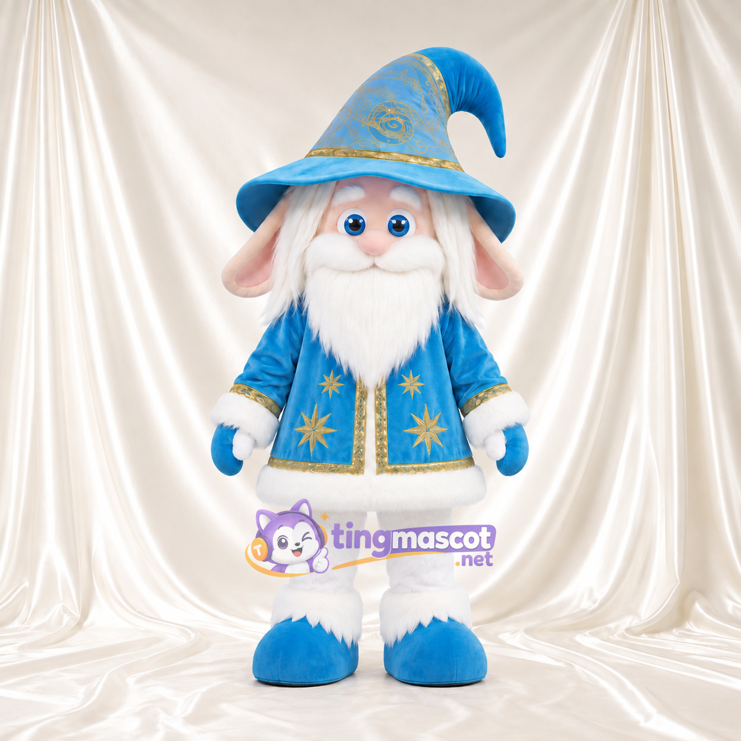 Costume de mascotte Lapin – blanc – Chapeau (bleu); Manteau (doré) Costume de mascotte Lapin – blanc – Chapeau (bleu); Manteau (doré)