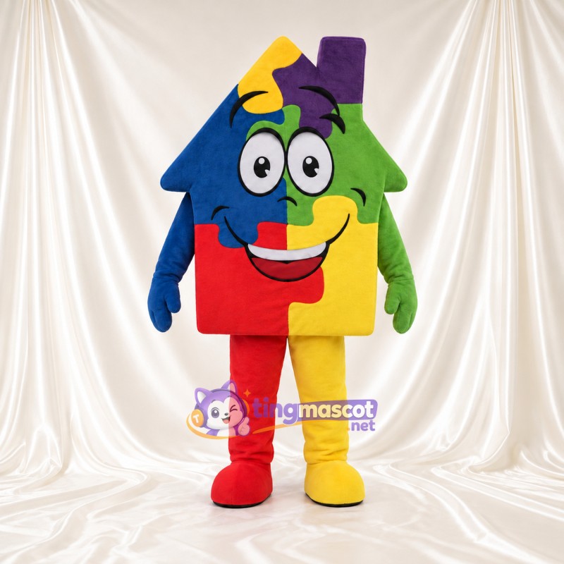 Puzzle House Mascot Costume - Multicolor Panels and Smiling Face Puzzle House Mascot Costume - Multicolor Panels and Smiling Face