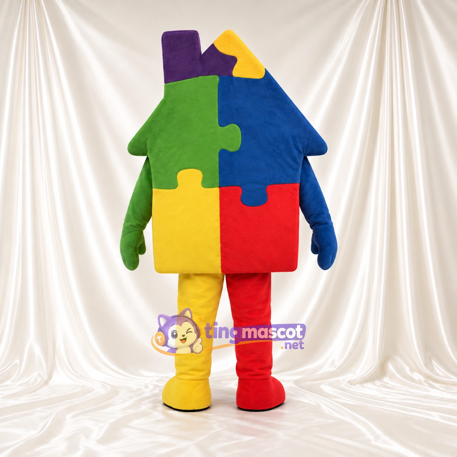Puzzle House Mascot Costume - Multicolor Panels and Smiling Face Puzzle House Mascot Costume - Multicolor Panels and Smiling Face