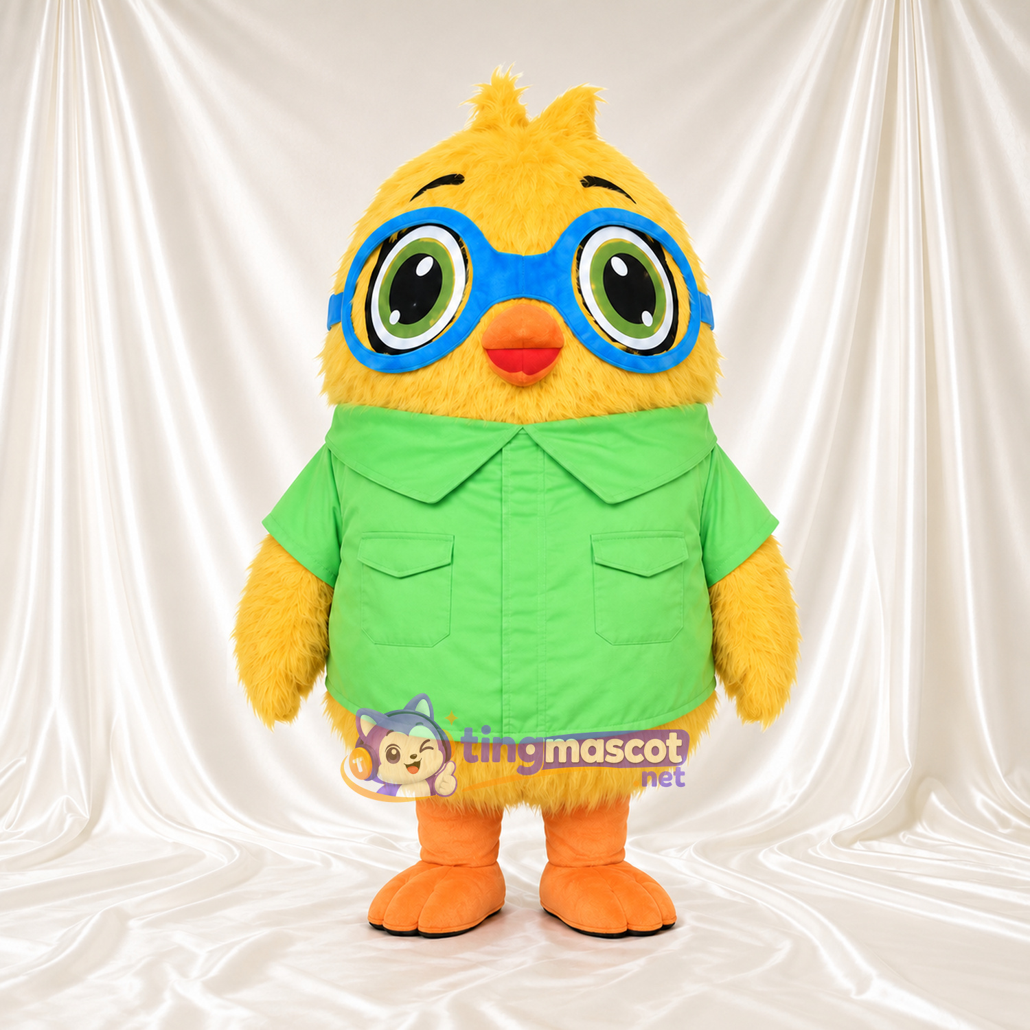 Costume de mascotte Poussin – jaune – Lunettes (bleu); Chemise (vert)