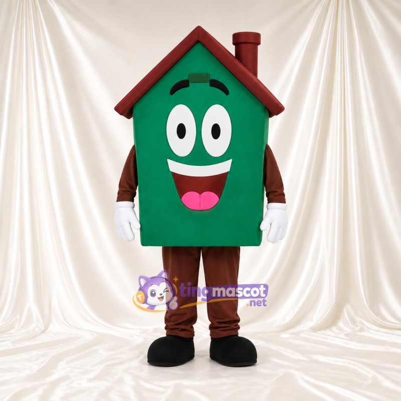 Green House Mascot Costume - Brown Roof and Smiling Face Green House Mascot Costume - Brown Roof and Smiling Face