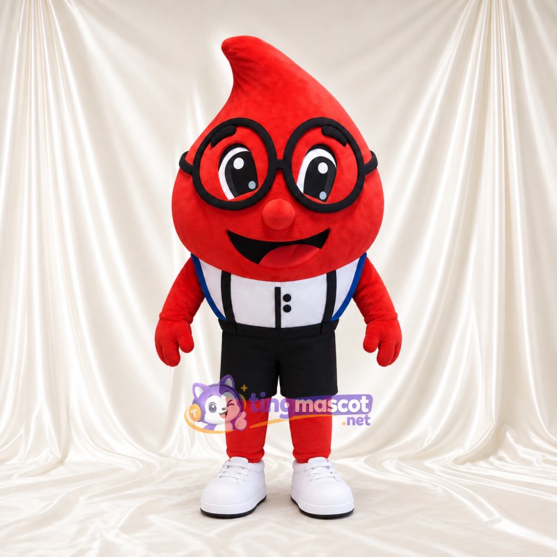 Red Blood Drop Mascot Costume - Black Glasses and Suspenders Red Blood Drop Mascot Costume - Black Glasses and Suspenders