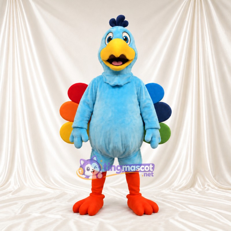 Blue Turkey Mascot Costume - Colorful Tail Feathers and Orange Legs