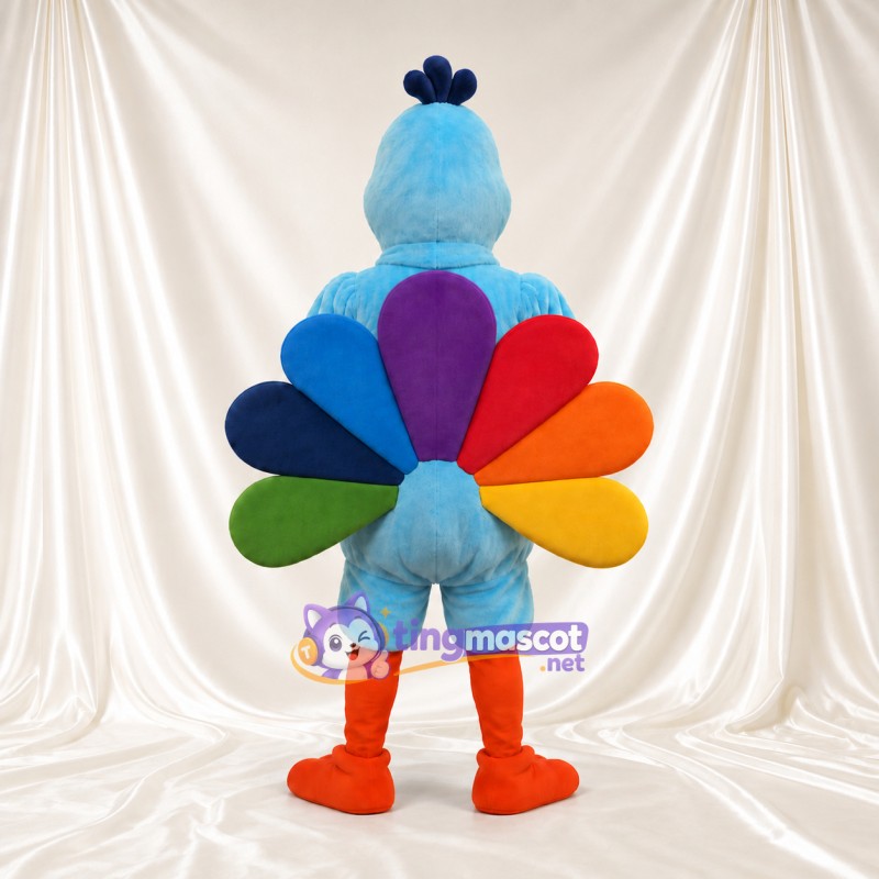 Blue Turkey Mascot Costume - Colorful Tail Feathers and Orange Legs Blue Turkey Mascot Costume - Colorful Tail Feathers and Orange Legs