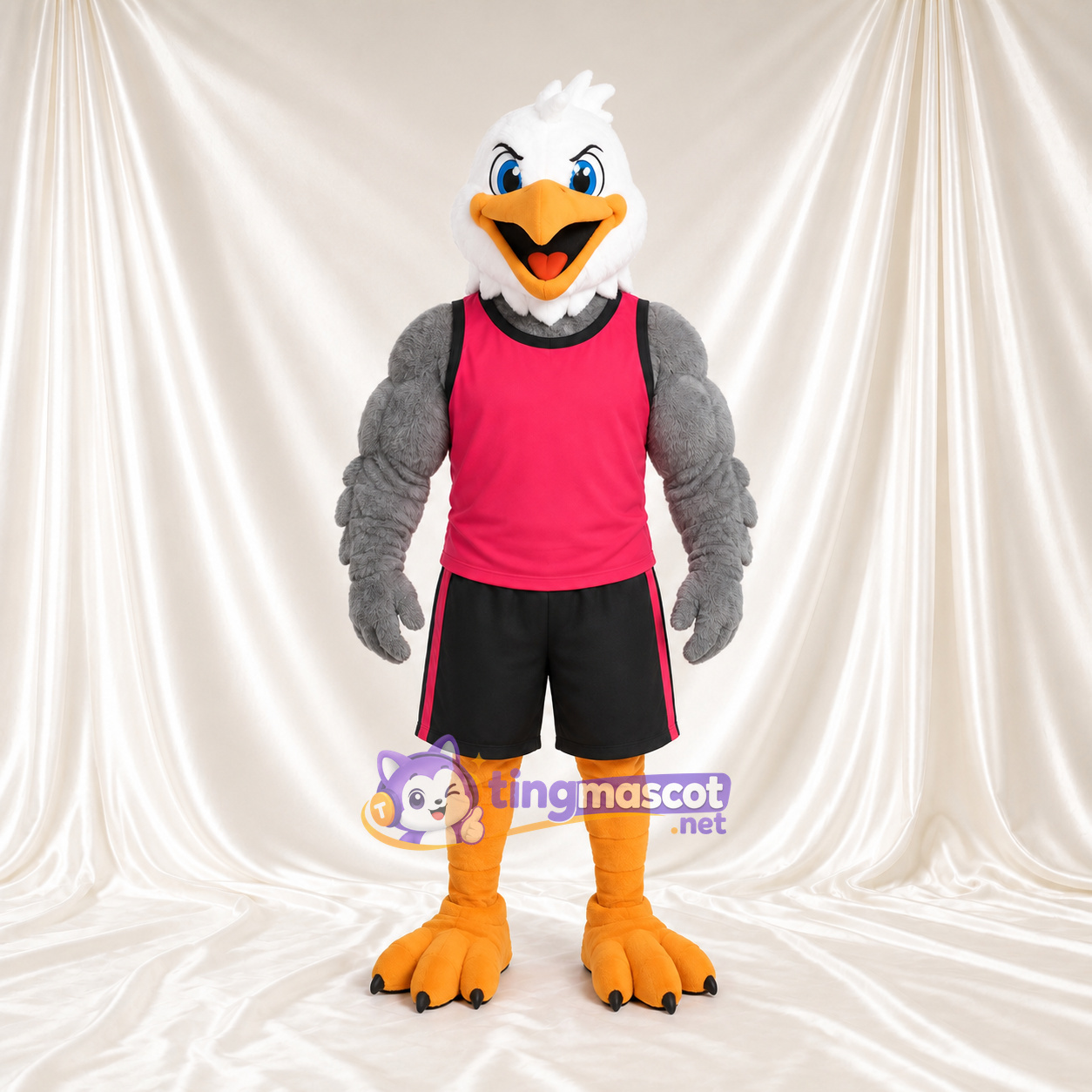 Costume de mascotte Aigle – gris – Haut (rouge); Short (noir) Costume de mascotte Aigle – gris – Haut (rouge); Short (noir)