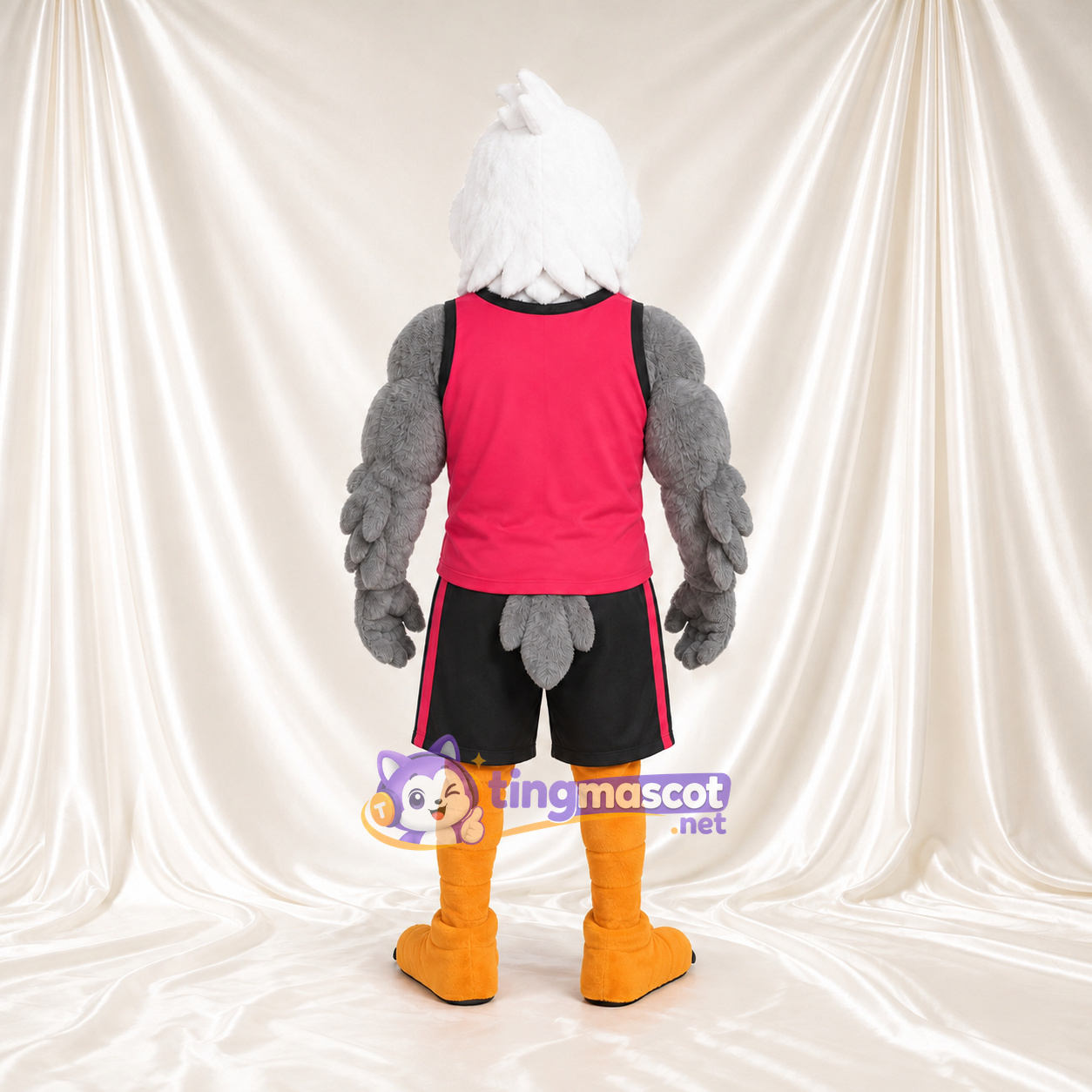 Costume de mascotte Aigle – gris – Haut (rouge); Short (noir) Costume de mascotte Aigle – gris – Haut (rouge); Short (noir)