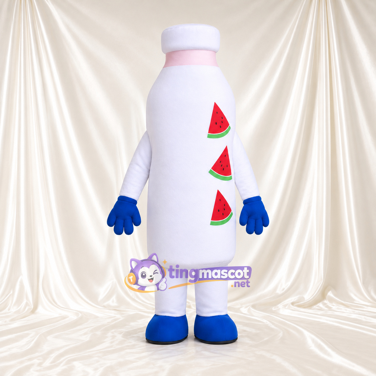 Costume de mascotte Bouteille de boisson – blanc – Gants (bleu) Costume de mascotte Bouteille de boisson – blanc – Gants (bleu)