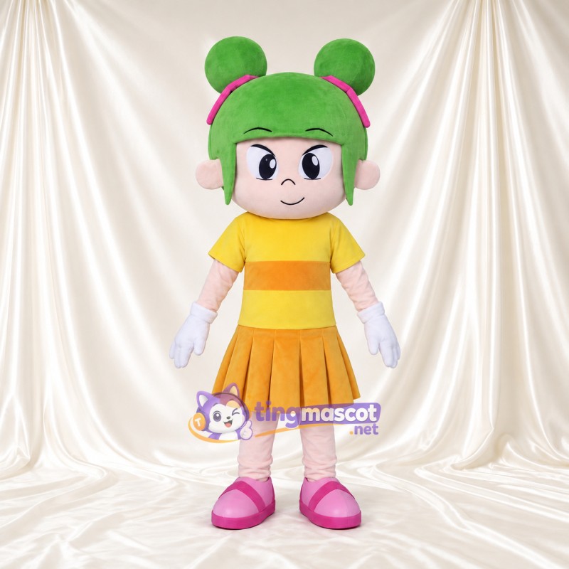 Costume de mascotte Fille – vert – Haut (jaune, rayé); Jupe (plissé)