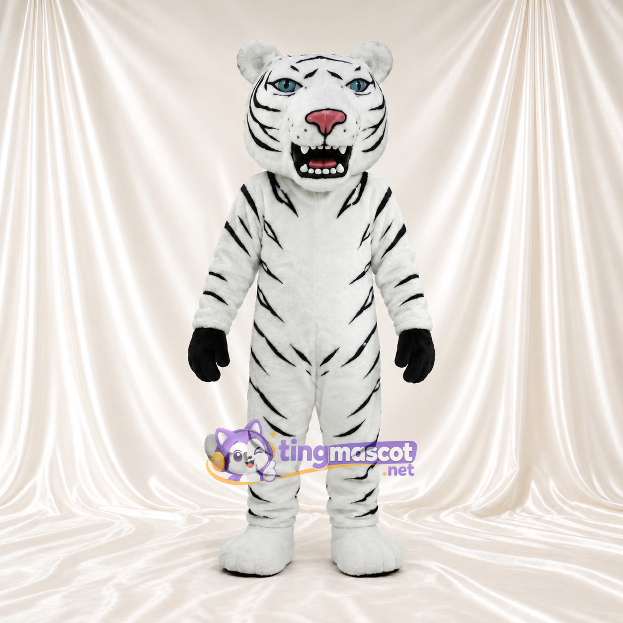 Costume de mascotte Tigre – blanc – Rayures (noir); Nez (rose) Costume de mascotte Tigre – blanc – Rayures (noir); Nez (rose)