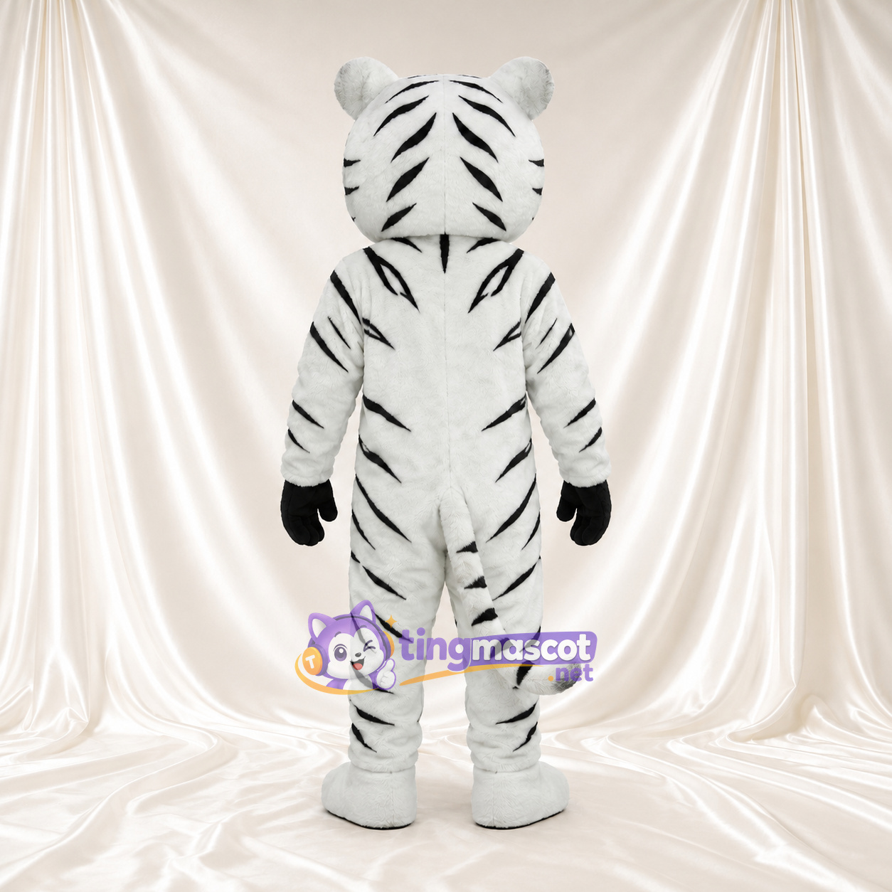 Costume de mascotte Tigre – blanc – Rayures (noir); Nez (rose) Costume de mascotte Tigre – blanc – Rayures (noir); Nez (rose)