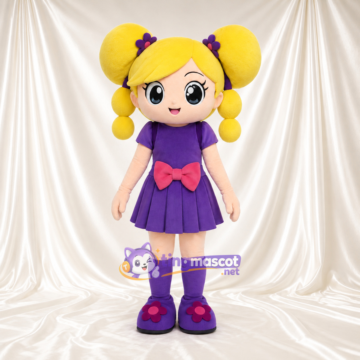 Blonde Girl Mascot Costume - Purple Dress and Pink Bow Blonde Girl Mascot Costume - Purple Dress and Pink Bow