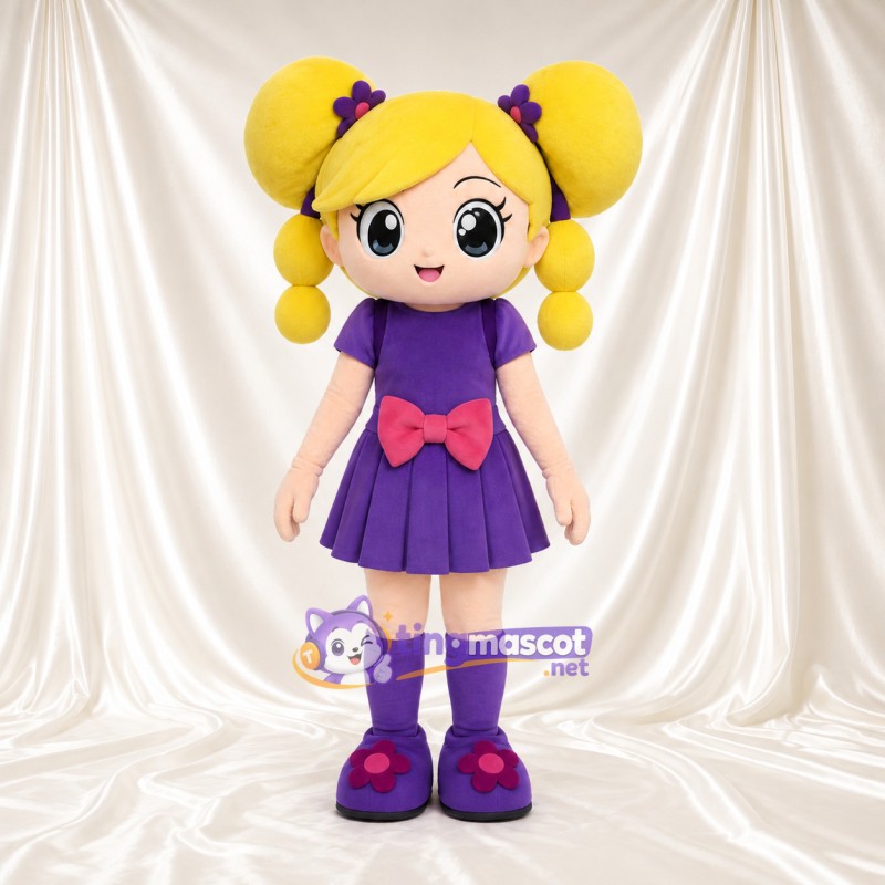 Blonde Girl Mascot Costume - Purple Dress and Pink Bow Blonde Girl Mascot Costume - Purple Dress and Pink Bow