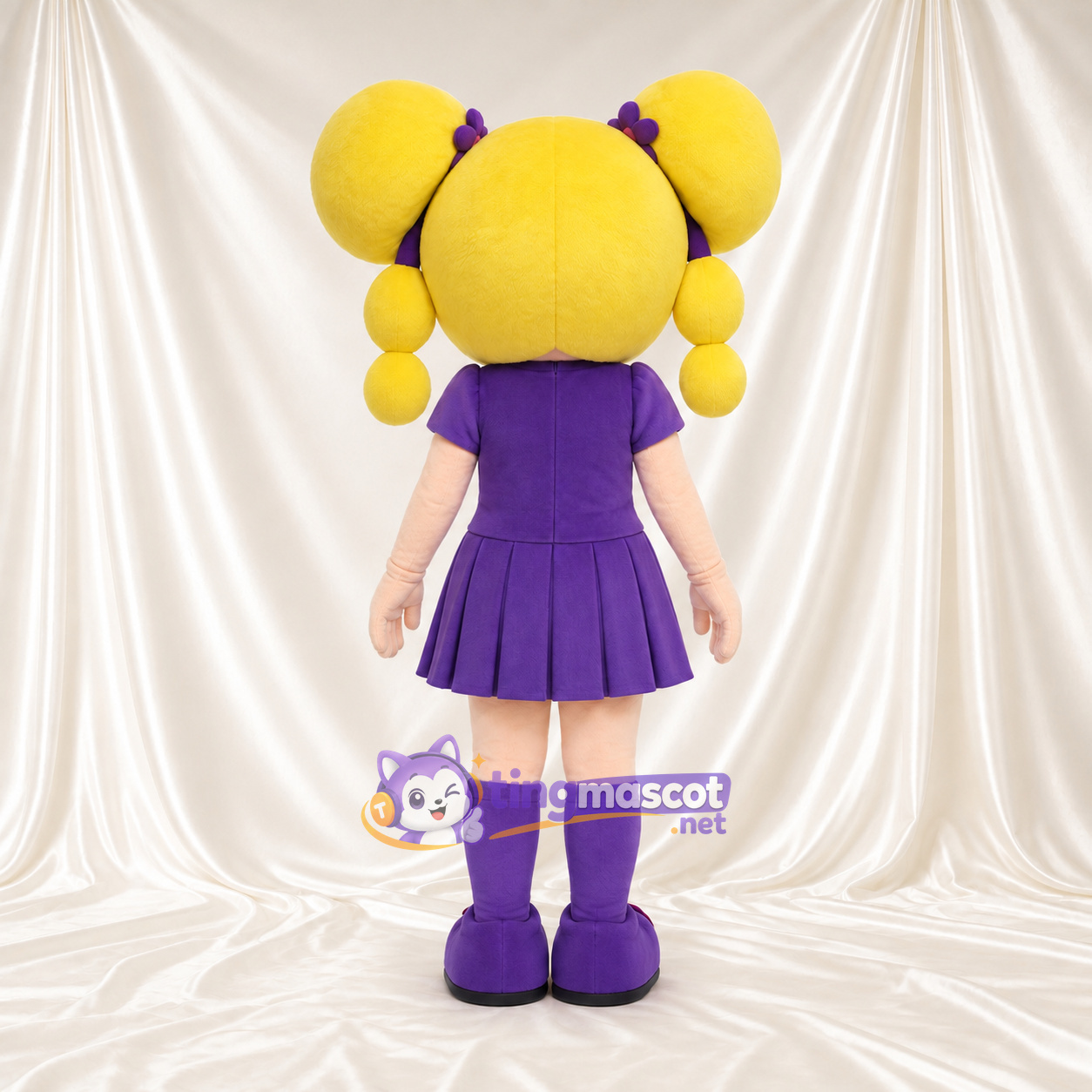 Blonde Girl Mascot Costume - Purple Dress and Pink Bow Blonde Girl Mascot Costume - Purple Dress and Pink Bow