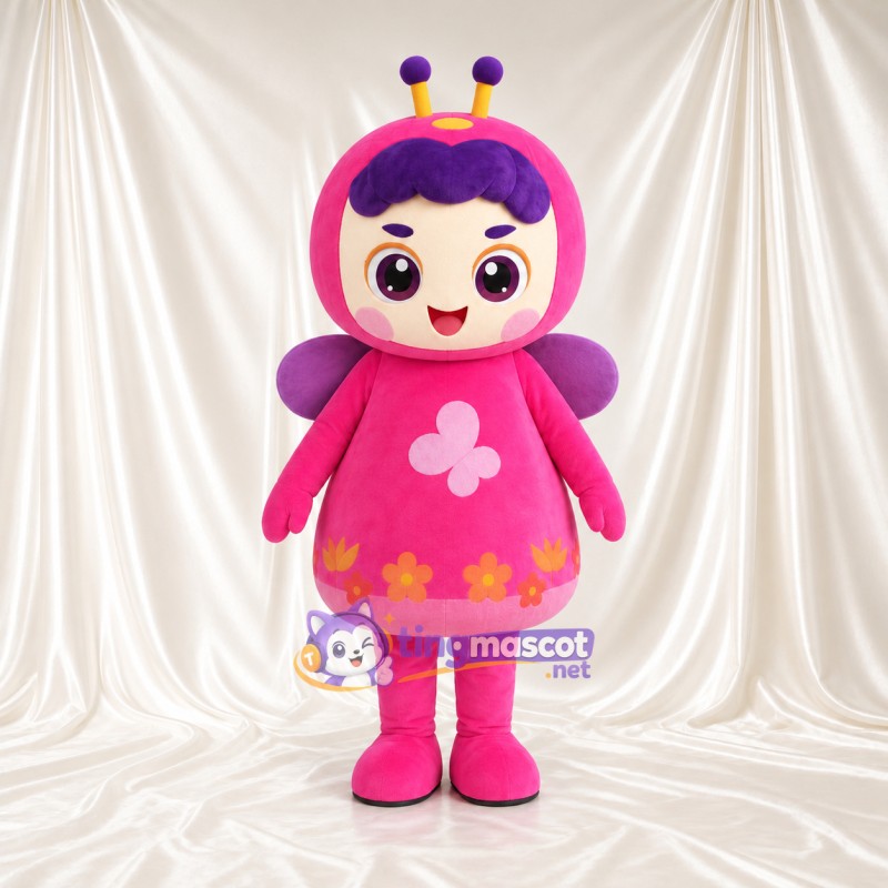 Pink Butterfly Girl Mascot Costume - Flower Dress and Purple Wings Pink Butterfly Girl Mascot Costume - Flower Dress and Purple Wings