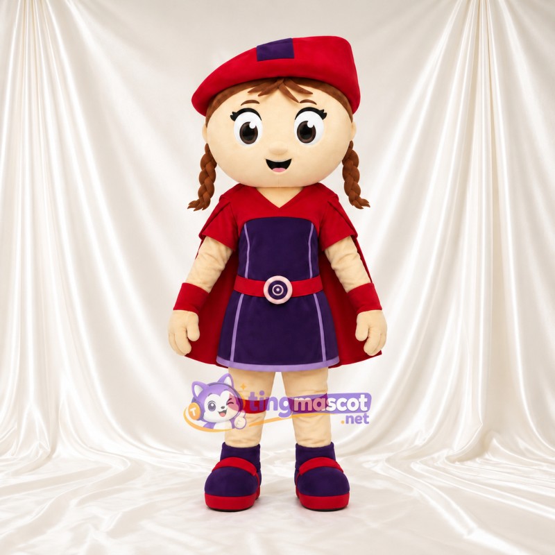 Maskottchenkostüm Mädchenfigur – wie abgebildet – Baskenmütze (rot); Kleid (violett) Maskottchenkostüm Mädchenfigur – wie abgebildet – Baskenmütze (rot); Kleid (violett)