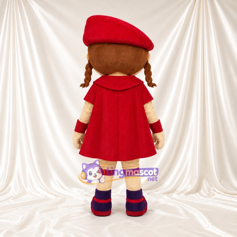 Maskottchenkostüm Mädchenfigur – wie abgebildet – Baskenmütze (rot); Kleid (violett) Maskottchenkostüm Mädchenfigur – wie abgebildet – Baskenmütze (rot); Kleid (violett)