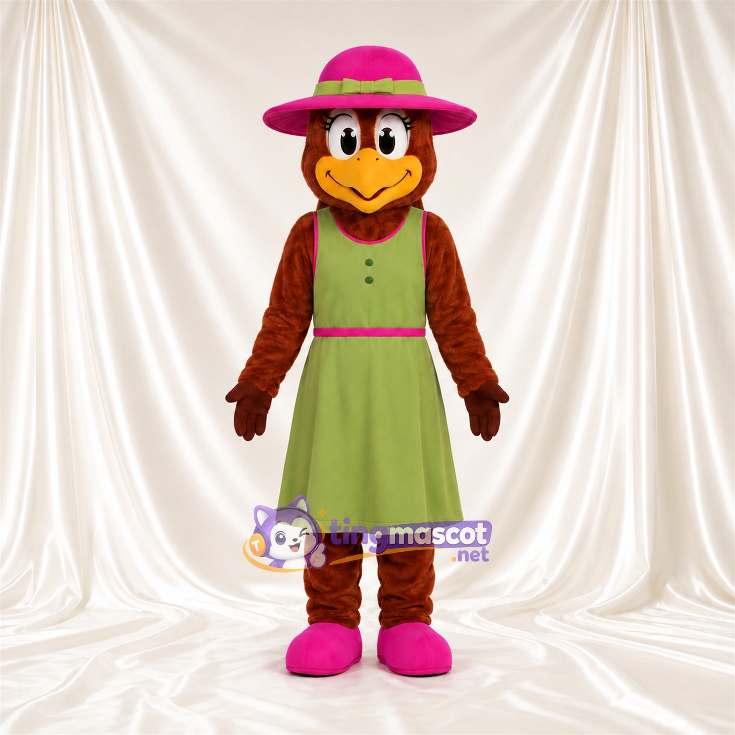 Brown Duck Mascot Costume - Green Dress and Pink Hat Brown Duck Mascot Costume - Green Dress and Pink Hat