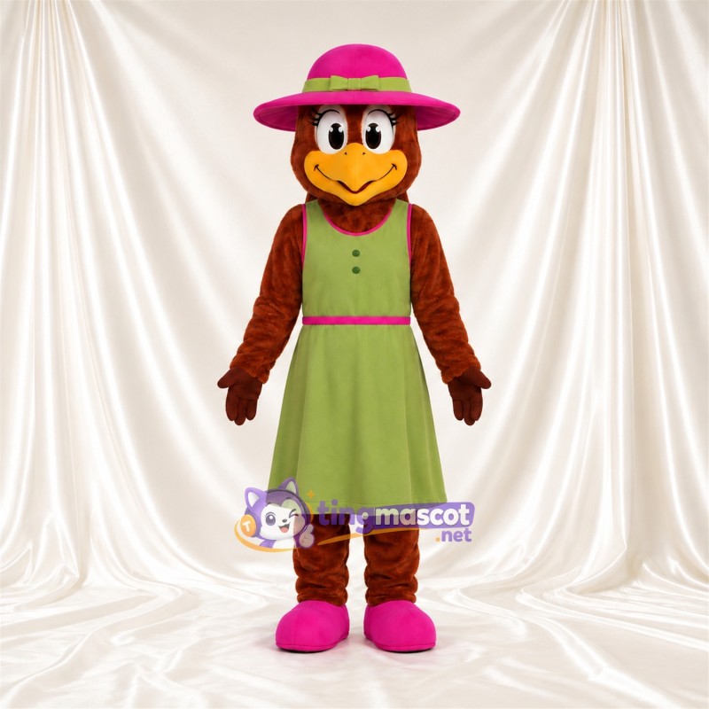 Brown Duck Mascot Costume - Green Dress and Pink Hat Brown Duck Mascot Costume - Green Dress and Pink Hat