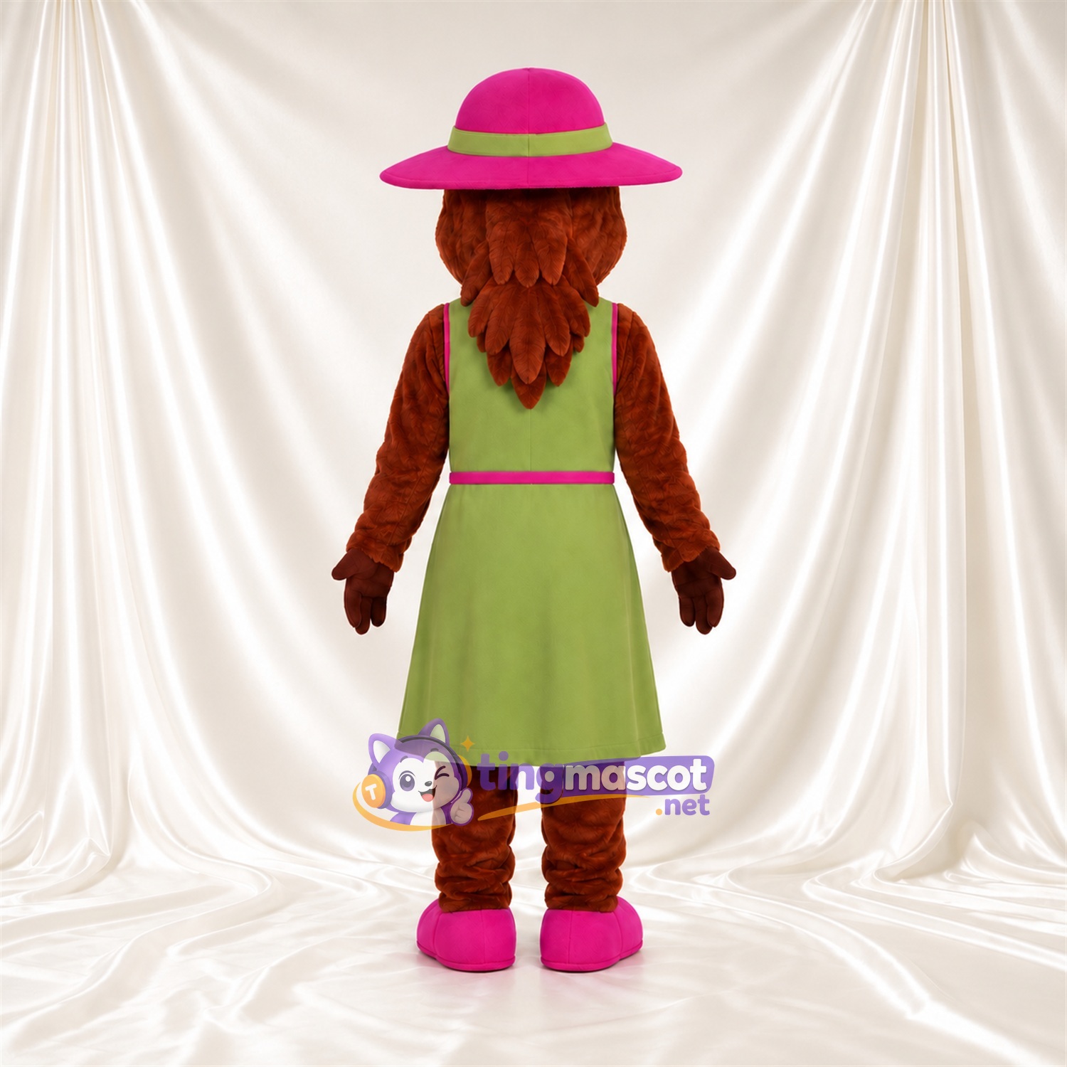 Brown Duck Mascot Costume - Green Dress and Pink Hat Brown Duck Mascot Costume - Green Dress and Pink Hat