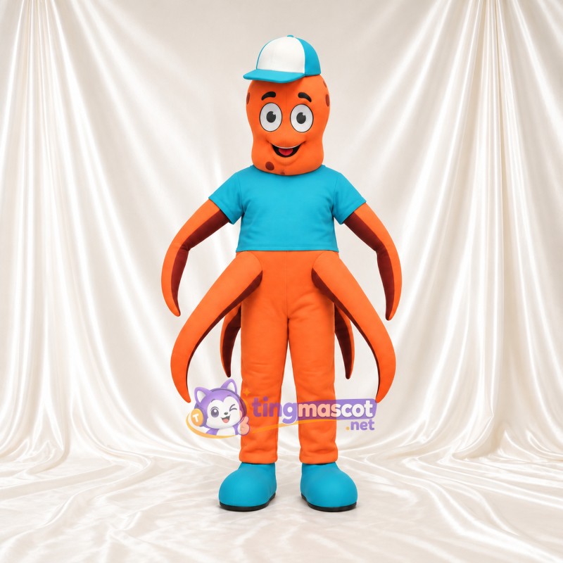 Orange Octopus Mascot Costume - Teal Shirt and Baseball Cap Orange Octopus Mascot Costume - Teal Shirt and Baseball Cap