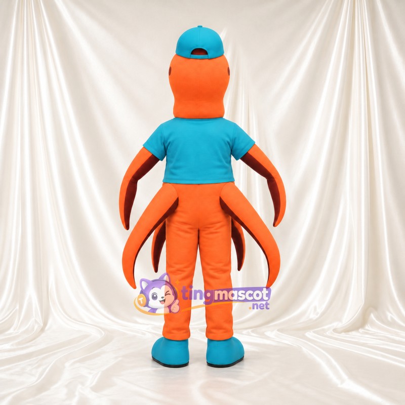 Orange Octopus Mascot Costume - Teal Shirt and Baseball Cap Orange Octopus Mascot Costume - Teal Shirt and Baseball Cap