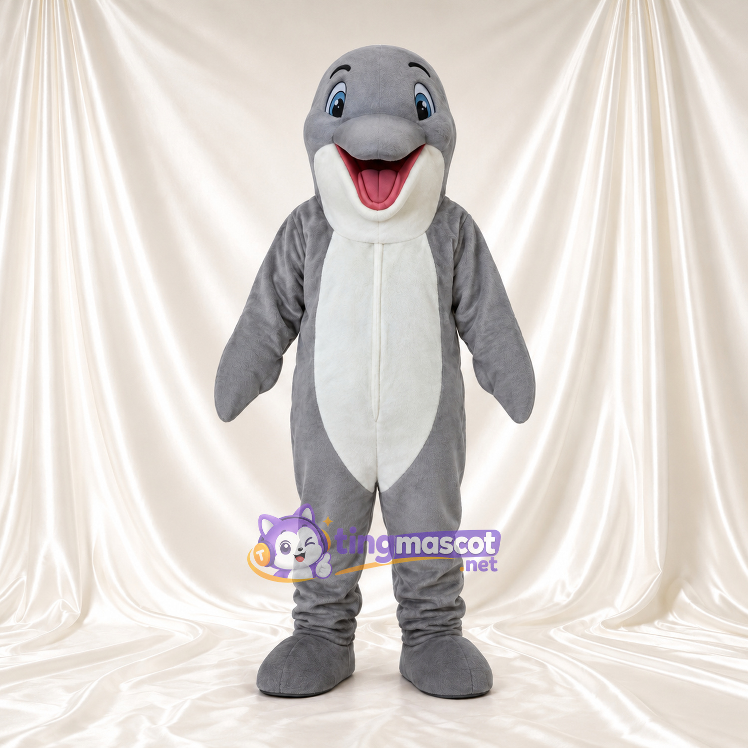 Maskottchenkostüm Delfin – grau – Bauch (weiß); Mund (offen, rosa) Maskottchenkostüm Delfin – grau – Bauch (weiß); Mund (offen, rosa)